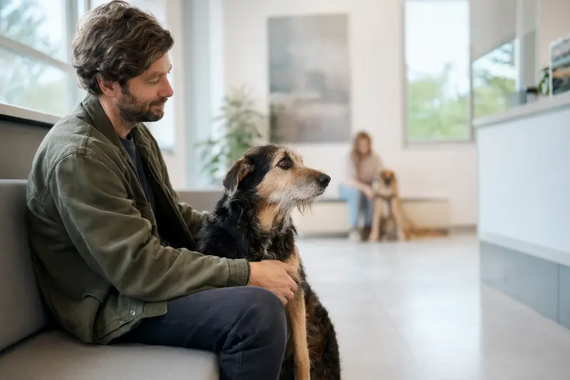Ein Jonangi Hund sitzt ruhig neben seinem Besitzer im hellen Wartezimmer einer modernen Tierarztpraxis.